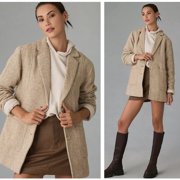 ANTHROPOLOGIE x PILCRO Brushed Herringbone Blazer Coat Tan Cream Sz XL NWT {176} - Picture 1 of 2